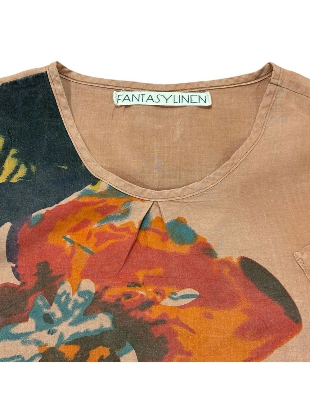 90s LINEN FLORAL OVERSIZED SCOOP NECK TOP W SHORT SLEEVE BOLD TROPICAL PRINT XL - Picture 6 of 6